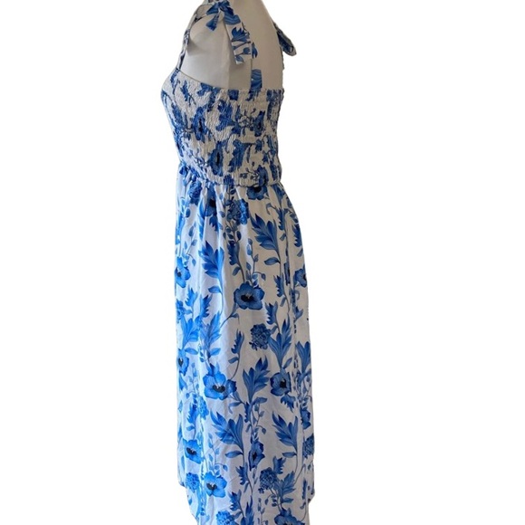 SHEIN White Maxi Dress with Blue Floral Print and Tie Straps Smocked Summer - Picture 2 of 6